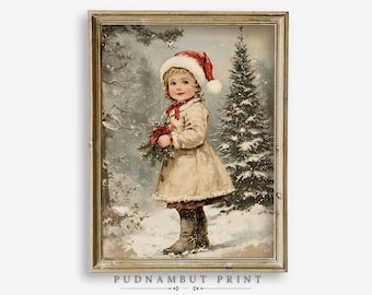 Vintage Winter Little Girl in Forest, Holiday Art Print, Printable Christmas Wall Decor, Child Portrait, Digital Download