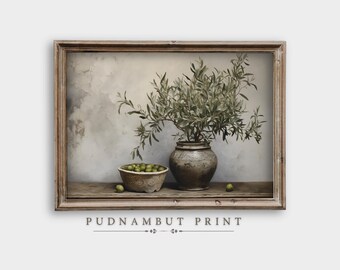 Vintage Olive Tree in Vase Art Print, Botanical Wall Art Printable, Mediterranean Plant, Rustic Farmhouse Kitchen Decor, Digital Download