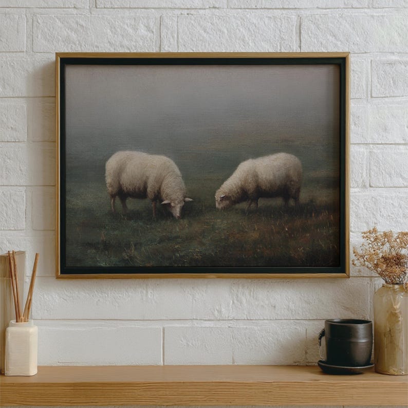 Vintage Sheep Landscape Painting Print, Antique Farm Animal Art ...