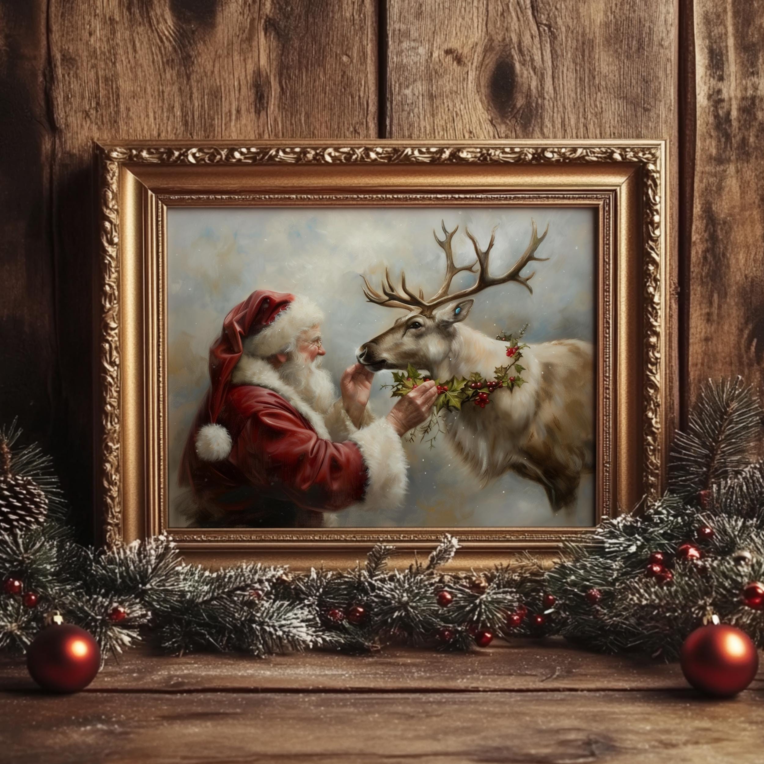 クリスマスサンタとトナカイのプリントアート、ヴィンテージウィンター 