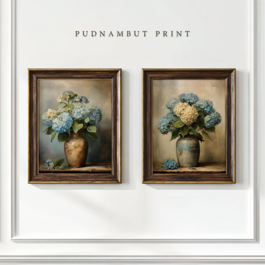 Antique Blue Hydrangea Art Print Set of 2, Vintage Botanical Decor ...