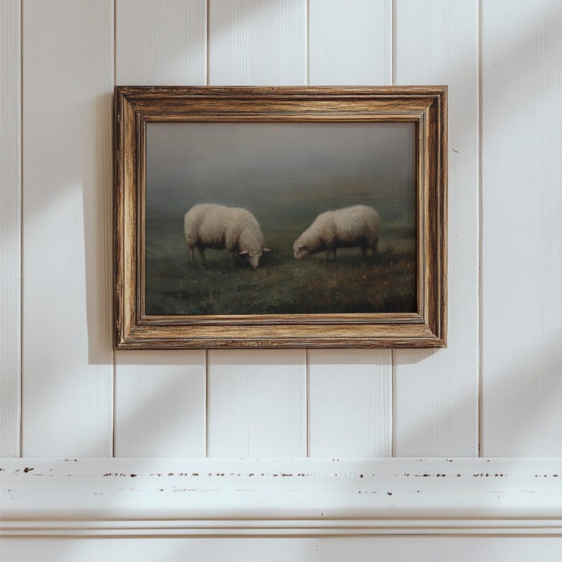 Vintage Sheep Landscape Painting Print, Antique Farm Animal Art ...