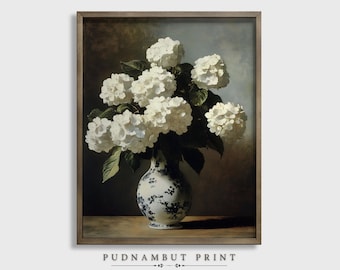 White Hydrangea Floral Art Print: Vintage Botanical Wall Decor (PDF & JPG)