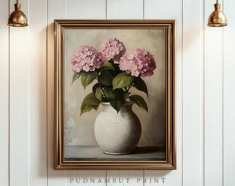 Antique Pink Hydrangea Print, Summer Spring Botanical Art, Neutral Floral Decor, Printable Digital Download