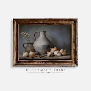 Garlic Art Print, Rustic Farmhouse Kitchen Still Life Art, Vintage Food Artwork, Digital Download