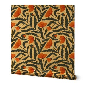 Gold oder Silber Metallic Tapete - Mohnblumen Blau und Orange von denesannadesign - Chintz Florals Wallpaper Roll von Spoonflower