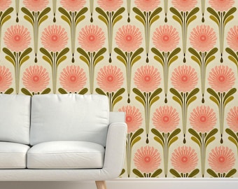 Papel tapiz floral rosa con motivos de hierba - Flores art déco de maeparadise - Papel tapiz de sisal texturizado con hojas botánicas abstractas verdes de Spoonflower