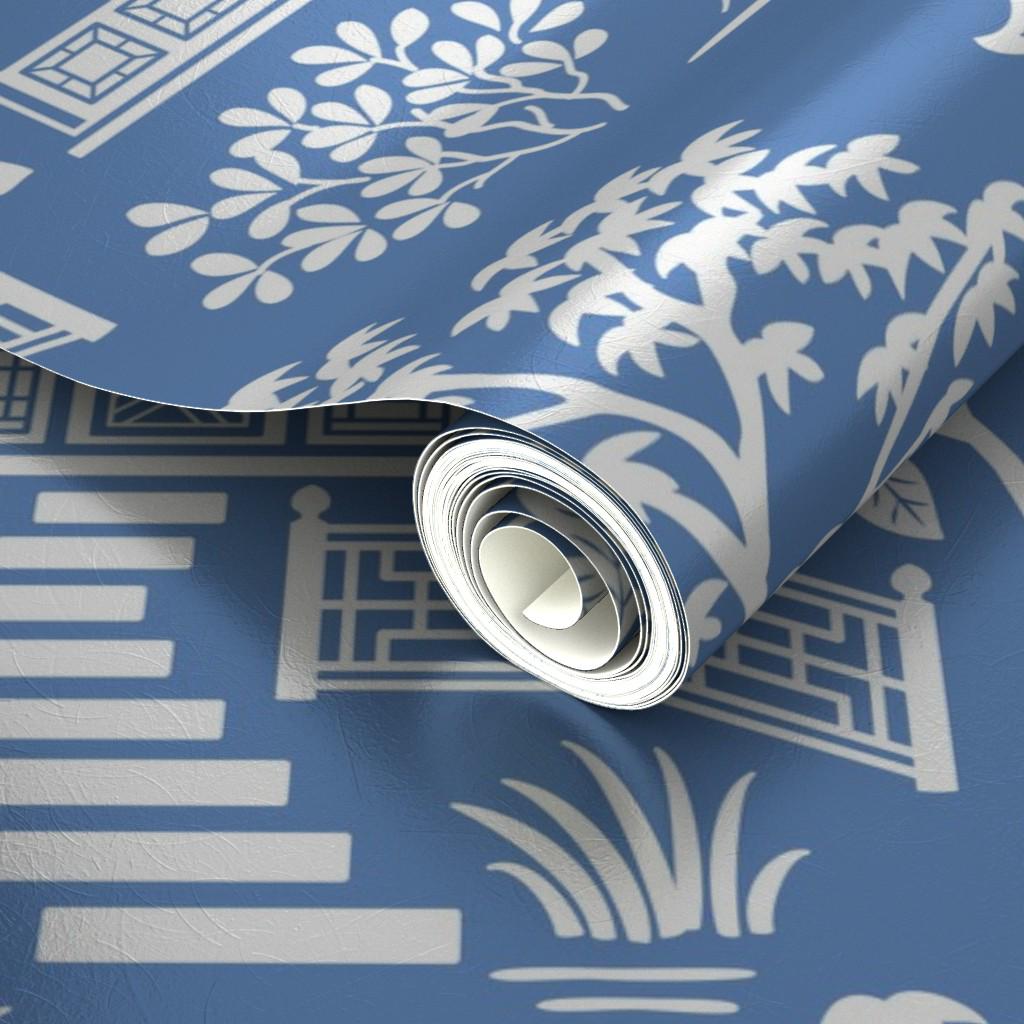 Light Blue Pagoda Gold or Silver Metallic Wallpaper