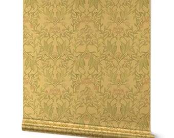 Classic Floral Gold or Silver Metallic Wallpaper - Morris Floral Damask by bloomerydecor - Pink Botanical Wallpaper Roll by Spoonflower
