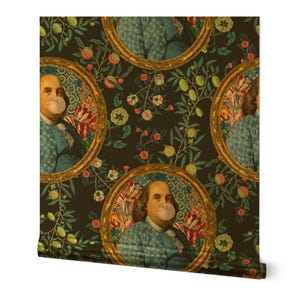 Ben Franklin Gold or Silver Metallic Wallpaper - Bubble Gum Frankie Charcoal by rebelmod - Bubblegum Novelty Wallpaper Roll by Spoonflower