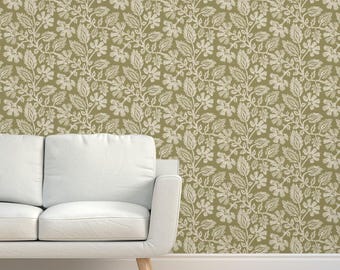 Green Grasscloth Wallpaper - Folk Art Floral by apostrofodesign - Block Print Botanical Flowers Textured Sisal Wallpaper by Spoonflower