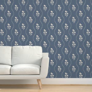 Vintage Floral Grasscloth Wallpaper - Wildflower Stripe  by k_hackl - Antique Stripe Blue White Textured Sisal Wallpaper by Spoonflower