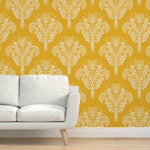Carta da parati in tessuto erba con damasco floreale - Stampa a blocchi di tarassaco di rebelform - Carta da parati in sisal con stampa linoleum e tarassaco giallo di Spoonflower