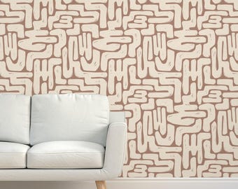 Papel pintado de tela de hierba con diseño de laberinto en tonos tierra - Sisal geométrico