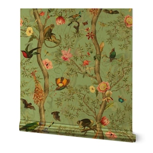 Vintage Victorian Gold or Silver Metallic Wallpaper - Romantic Rainforest by utart - Animals Chinoiserie Wallpaper Roll by Spoonflower