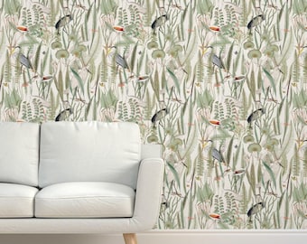 Coastal Birds Grasscloth Wallpaper - Heron by downriverhomegoods - Large Scale Birds Egret Herons Textured Sisal Wallpaper by Spoonflower