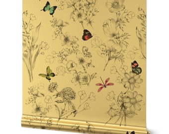 Butterflies Gold or Silver Metallic Wallpaper - Le Papillon by willowlanetextiles - Butterfly Sketch Botanical Wallpaper Roll by Spoonflower
