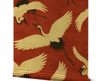 Elegant Crane Gold or Silver Metallic Wallpaper - Cranes Red by kimsa - Red Ivory Black Maximalist Distressed Wallpaper Roll by Spoonflower