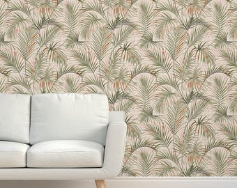 Papel tapiz de hojas botánicas - Boho Palms Sage de silvia_mangiacavallo - Papel tapiz de sisal texturizado con palmeras verdes y rosas de Spoonflower