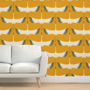 Mid Century Gold Grasscloth Wallpaper - Whooping Cranes by katerhees - Mustard Yellow Abstract Birds Textured Sisal Wallpaper by Spoonflower