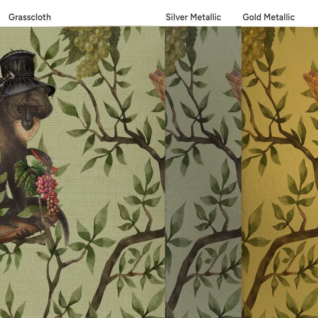 Whimsical Gold or Silver Metallic Wallpaper Monkey Garden Party by ...