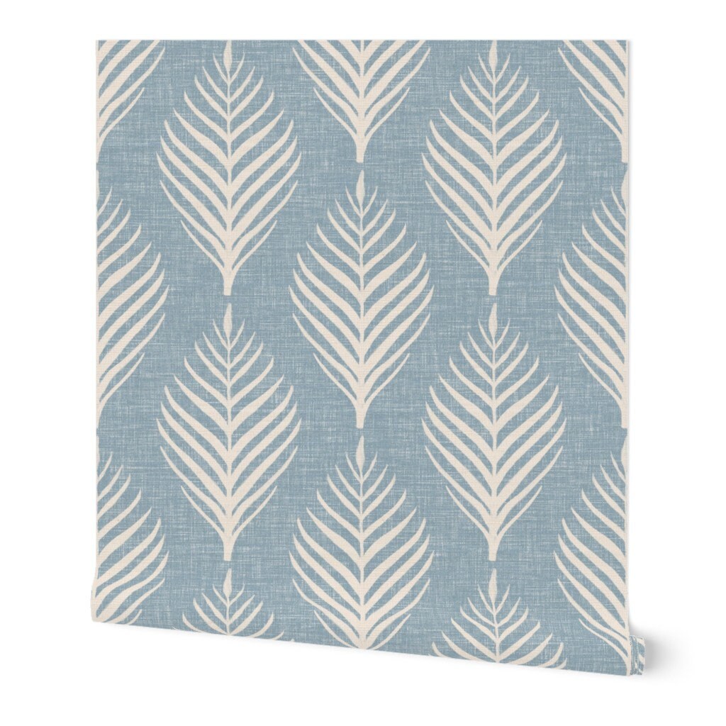 Minimal Palm Fronds Grasscloth Wallpaper Palm Frond Soft Blue by ...