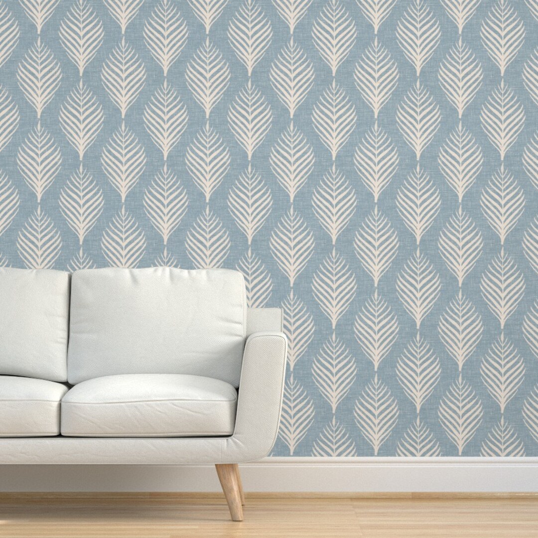 Minimal Palm Fronds Grasscloth Wallpaper Palm Frond Soft Blue by ...