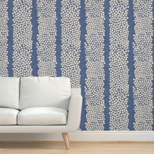 Dotted Stripe Grasscloth Wallpaper - Cork Stamp Strips by juliaschumacher - Blue Cream Block Print Textured Sisal Wallpaper by Spoonflower