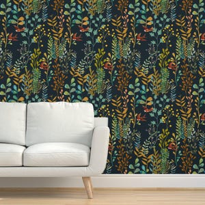 Botanical Grasscloth Wallpaper - The Wild Garden Night by ceciliamok - Watercolor Fern Nature Plant Textured Sisal Wallpaper by Spoonflower