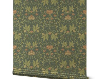 Papier peint William Morris métallisé doré ou argenté - feuillage damassé victorien par bloomerydecor - rouleau de papier peint feuilles de sarcelle par Spoonflower