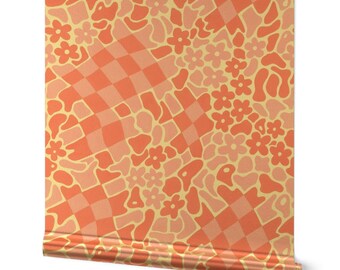 Vintage Orange Pink Gold oder Silber Metallic Tapete – Retro abstrakte Karos von cj_southern – Helle florale Tapetenrolle von Spoonflower