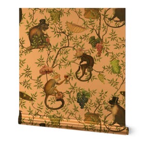 Papel pintado metalizado dorado o plateado de estilo chinoiserie antiguo - Fiesta en el jardín de monos de utart - Rollo de papel pintado "Mono borracho caprichoso" de Spoonflower