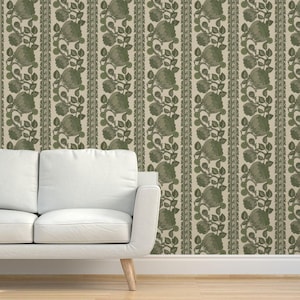 Olive Sage Floral Grasscloth Wallpaper - Trailing Floral by jen_owens - Grandmillennial Leaf Stripe Textured Sisal Wallpaper by Spoonflower