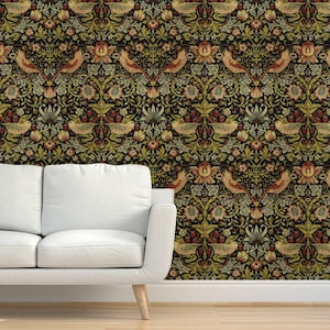 William Morris Grasscloth Wallpaper - Strawberry Thief by peacoquettedesigns - Traditional Victorian Textured Sisal Wallpaper by Spoonflower