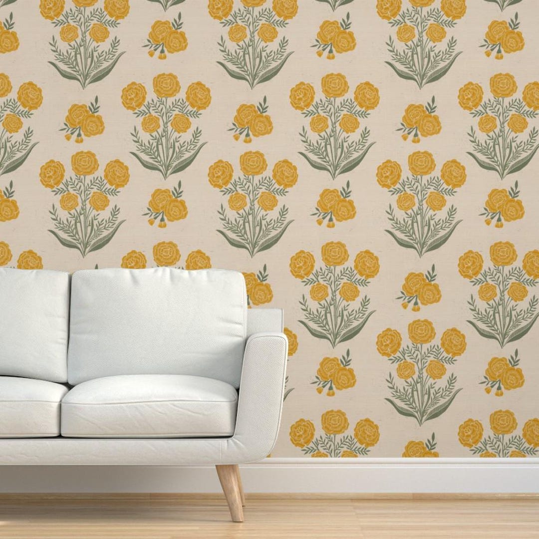 Block Print Floral Grasscloth Wallpaper - Golden Marigolds by ...