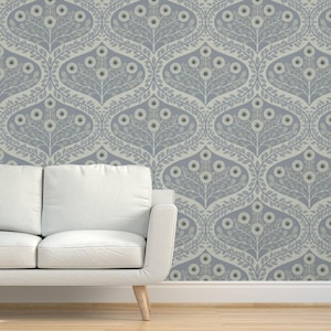 Botanical Ogee Grasscloth Wallpaper - Gray Ogee Daisy by shellypenko - Cottage Neutral Gray Textured Sisal Wallpaper by Spoonflower
