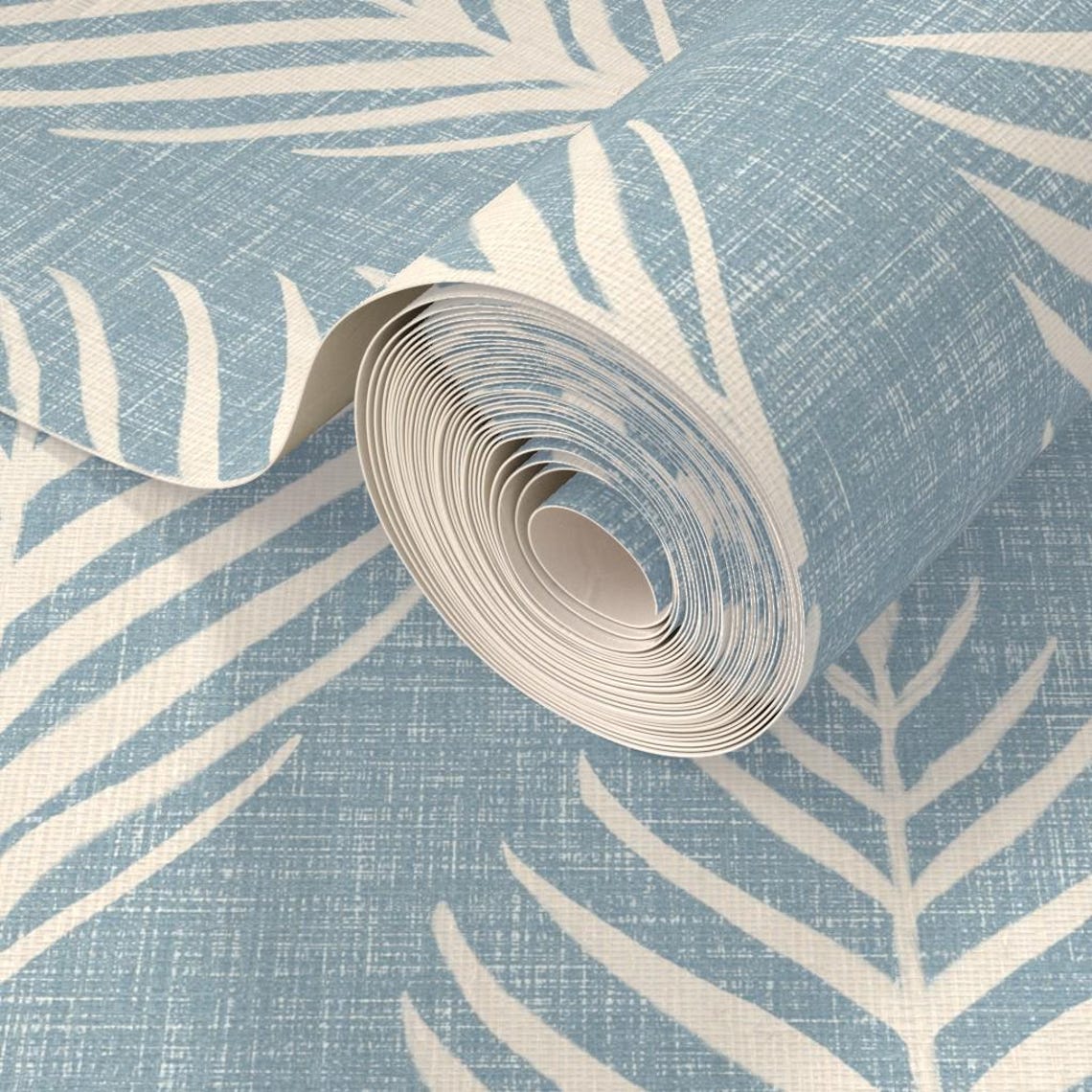 Minimal Palm Fronds Grasscloth Wallpaper Palm Frond Soft Blue by ...