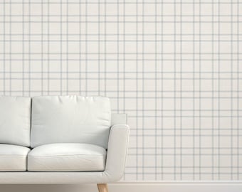 Simple Blue Plaid Grasscloth Wallpaper - Watercolor Double Plaid by danika_herrick - Windowpane Textured Sisal Wallpaper by Spoonflower