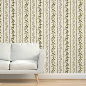 Garden Stripe Grasscloth Wallpaper - Cream Emma Stripe by danika_herrick - Neutral Vintage Floral Textured Sisal Wallpaper by Spoonflower