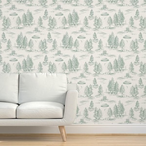 Papel de parede Ufo Toile De Jouy Grasscloth - Papel de parede Alien Abduction Toile por somecallmebeth - Papel de parede de sisal texturizado Alien Abduction por Spoonflower