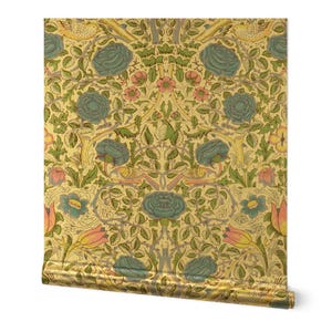 Arts And Crafts Gold or Silver Metallic Wallpaper - Rose Finch Blue by etienne - William Morris Historical Wallpaper Roll by Spoonflower