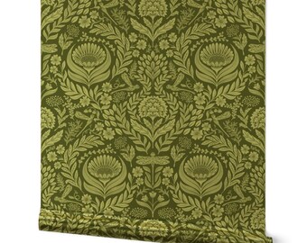 Green Damask Gold or Silver Metallic Wallpaper - Victorian Floral by me_coco_design - Victorian Garden Wallpaper Roll by Spoonflower