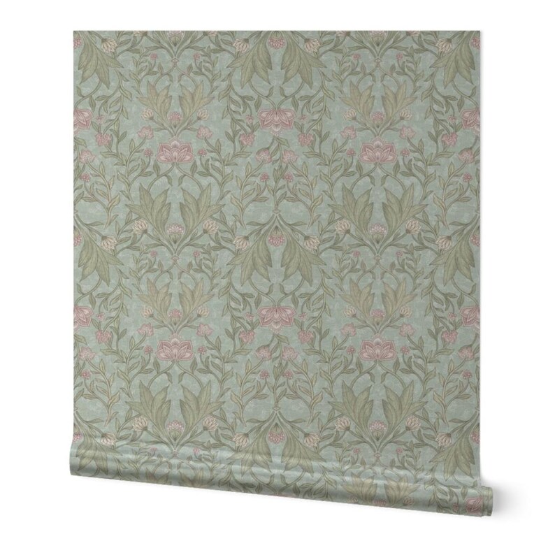 ビクトリアンフローラルゴールドまたはシルバーメタリック壁紙 - bloomerydecorのペールフローラルダマスク - Spoonflowerのピンクボタニカル壁紙ロール 画像 5