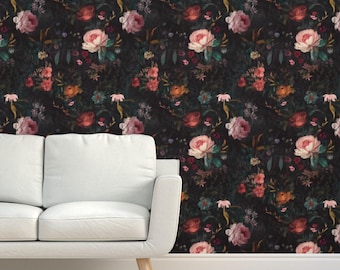 Moody Rose Grasscloth Wallpaper - Dark Floral Rose  by creativsupply - Black Wildflowers Dark Floral Textured Sisal Wallpaper by Spoonflower