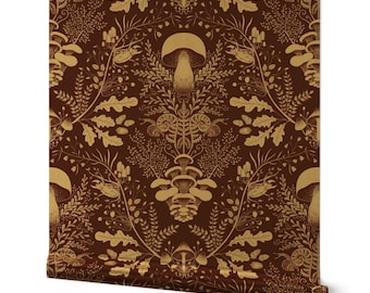 Mushroom Damask Gold or Silver Metallic Wallpaper - Mushroom Forest by denesannadesign - Burgundy Woodland  Wallpaper Roll by Spoonflower