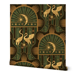 Papel de Parede Metálico Dourado ou Prateado com Garças Celestiais - Art Déco Opulento por sabina_bala - Rolo de Papel de Parede com Pássaros em Tons de Azul-petróleo, Preto e Bege da Spoonflower