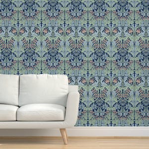 Botanical Damask Grasscloth Wallpaper - Morris Bluebell by chantal_pare - William Morris Blue Green Textured Sisal Wallpaper by Spoonflower