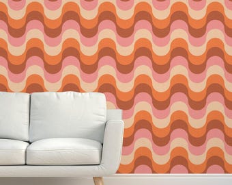 Papel tapiz de tela de hierba con rayas vintage - Disco Wave de pippa_shaw - Papel tapiz de sisal texturizado en rosa y naranja geométrico retro de los años 70 de Spoonflower