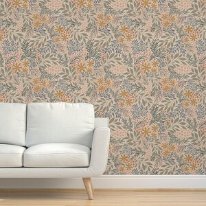 Neutral Boho Floral Grasscloth Wallpaper - Garden Floral Tan by writtenbykristen - Mustard Botanical Textured Sisal Wallpaper by Spoonflower