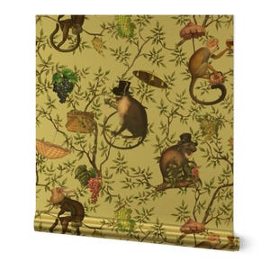 Papel pintado metálico dorado o plateado con motivos caprichosos - Fiesta en el jardín de monos de utart - Rollo de papel pintado con animales victorianos de estilo chinoiserie de Spoonflower